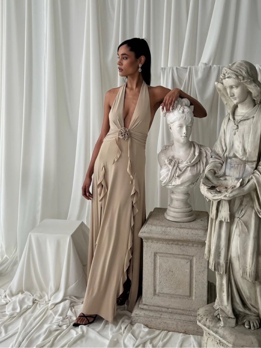 WeWoreWhat Halter Maxi Dress Ruffle Slit Beige Rosette Gown Size Medium 🆕